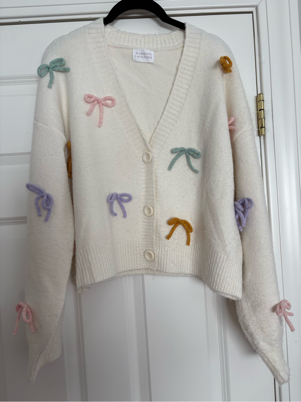 Cream Bow-Appliqué V-Neck Cardigan Sweater